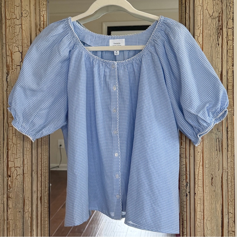 Sezane Light Blue Gingham Puff-Sleeve Blouse